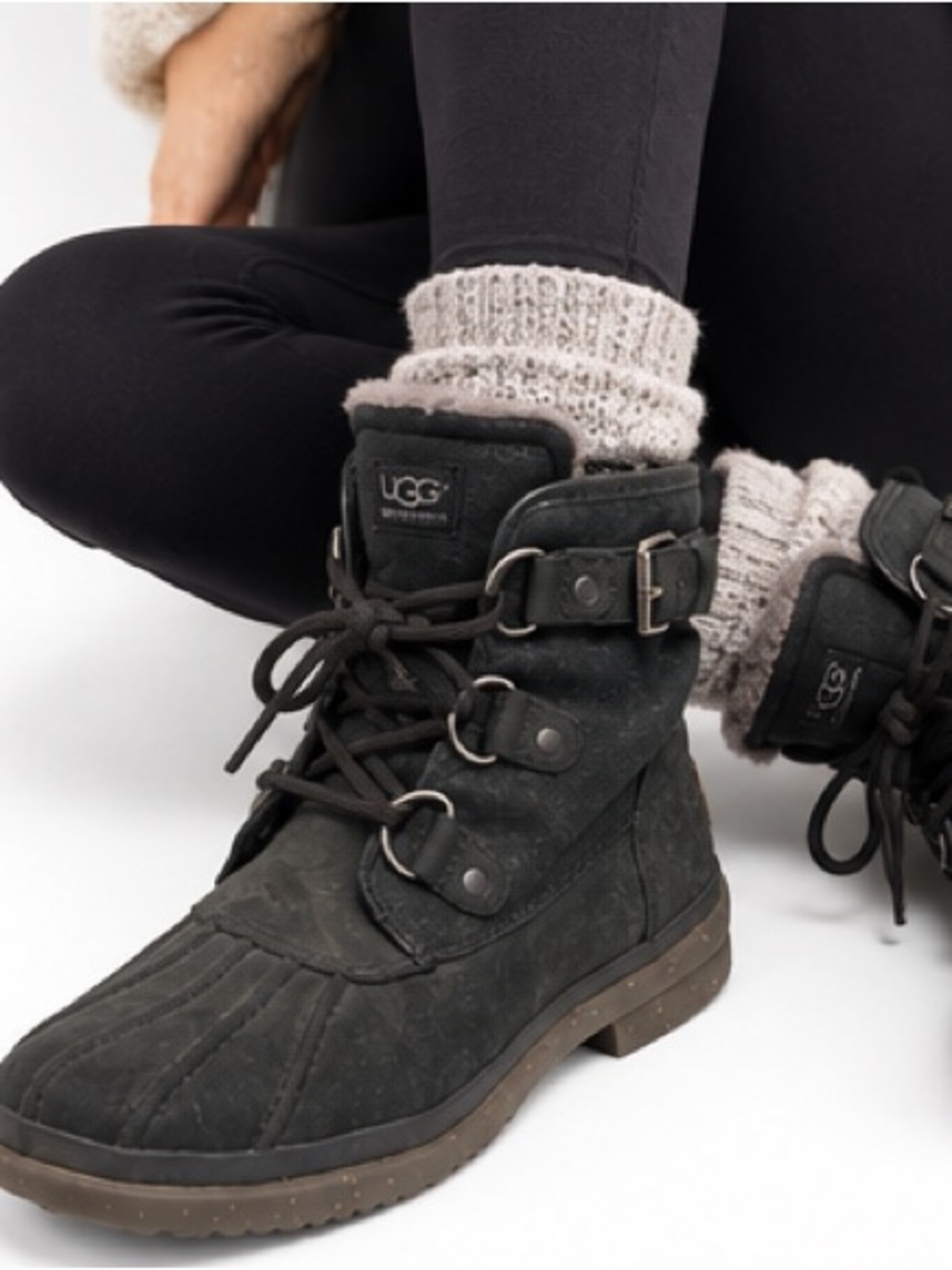 UGG Black Lace-Up Shearling Collar Waterproof Winter Duck Boots with Buckle Sz 8